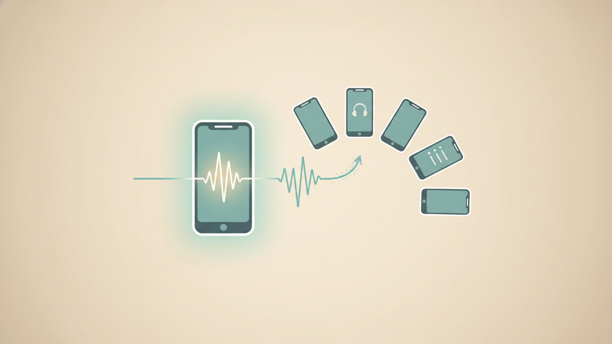 A stylized smartphone in the center with multiple alternative phones arranged in an arc, evaluation arrows connecting them