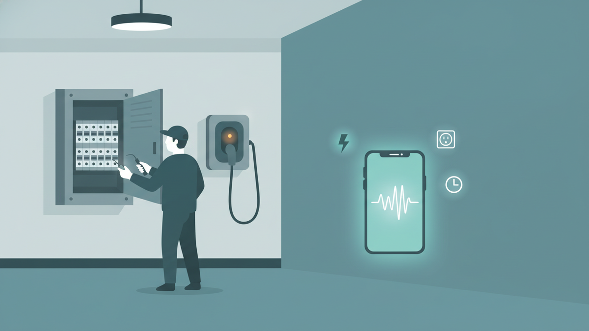 A residential garage with an electrical panel and EV charger, an electrician in silhouette, and a phone glowing in the foreground with a lightning bolt, outlet, and clock icon floating around it