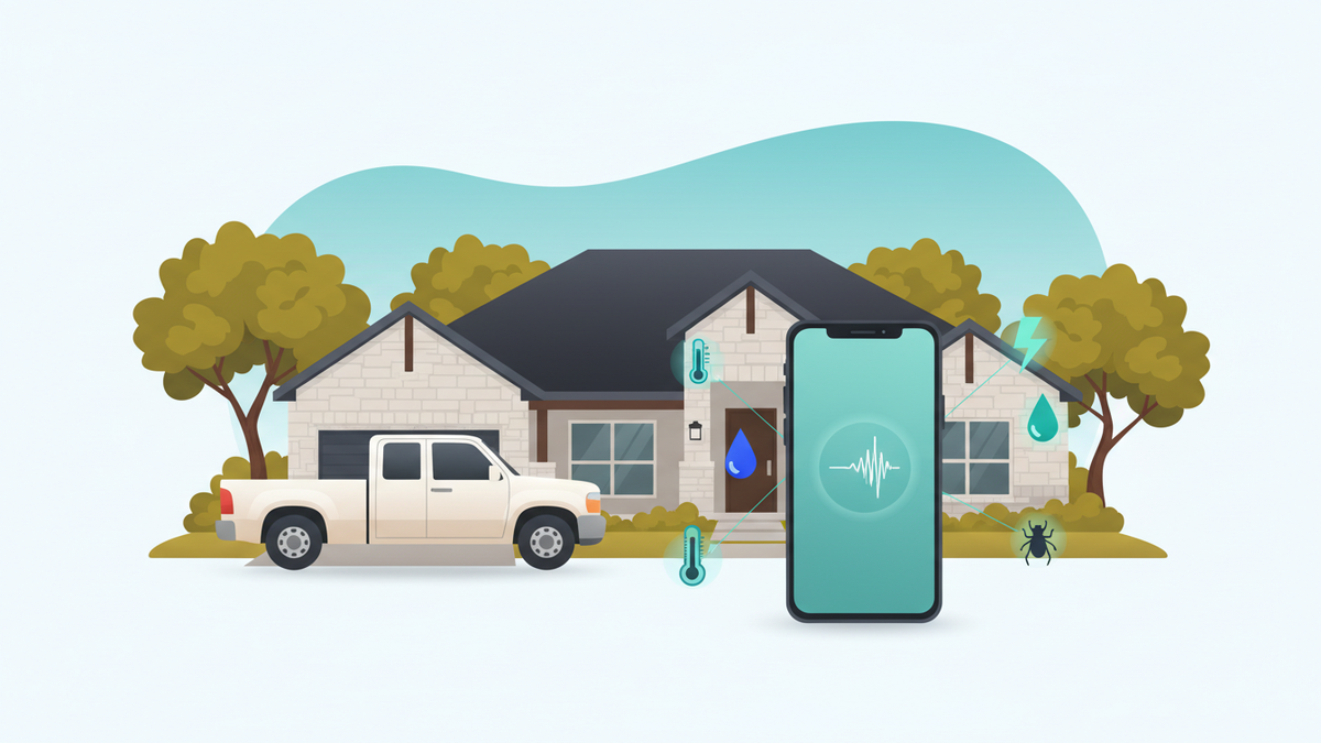 A service truck and Texas Hill Country home with a phone ringing in the foreground, Relay catches every call