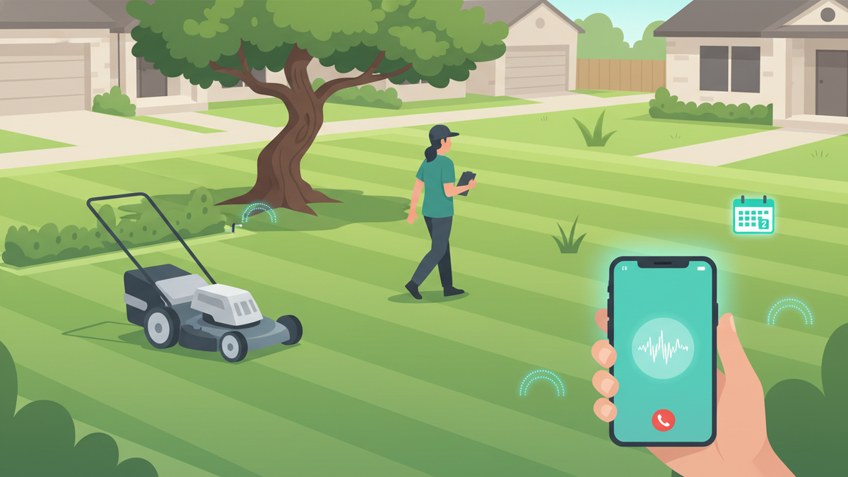 A Texas suburban backyard with a perfectly mowed lawn, a landscaper in silhouette, and a phone glowing in the foreground with grass and sprinkler icons floating around it