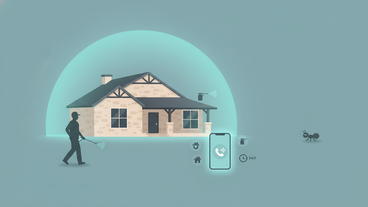 A Texas Hill Country home with a soft teal protective glow, a pest-control technician in silhouette, and a phone glowing in the foreground with shield and sprayer icons floating around it