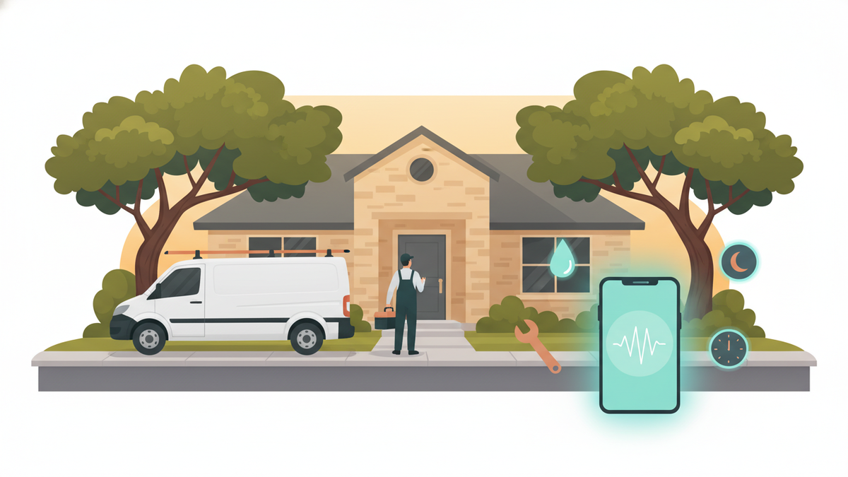 A Texas Hill Country home with a plumber walking up to the door, a phone glowing in the foreground with a wrench, water droplet, and clock icon floating around it