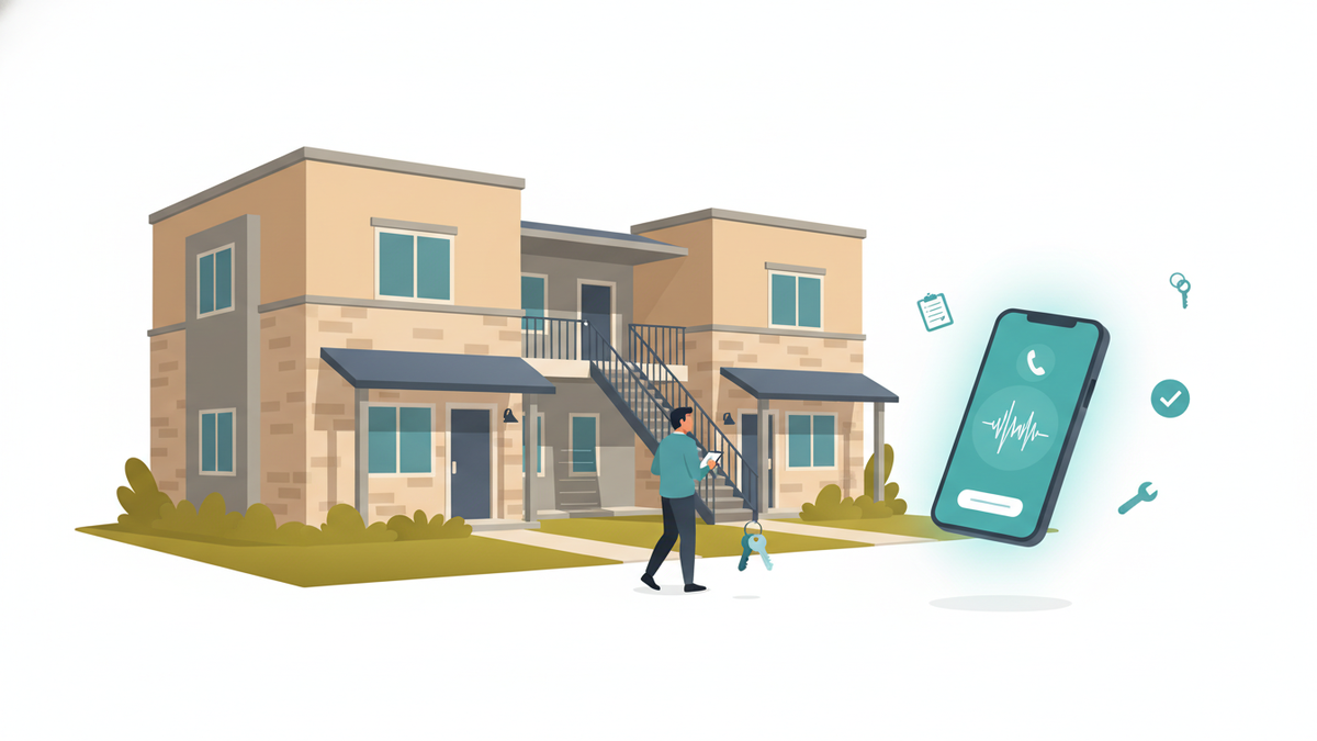 A small multifamily building with a property manager in silhouette and a phone glowing in the foreground with a clipboard, keyring, and wrench icon floating around it
