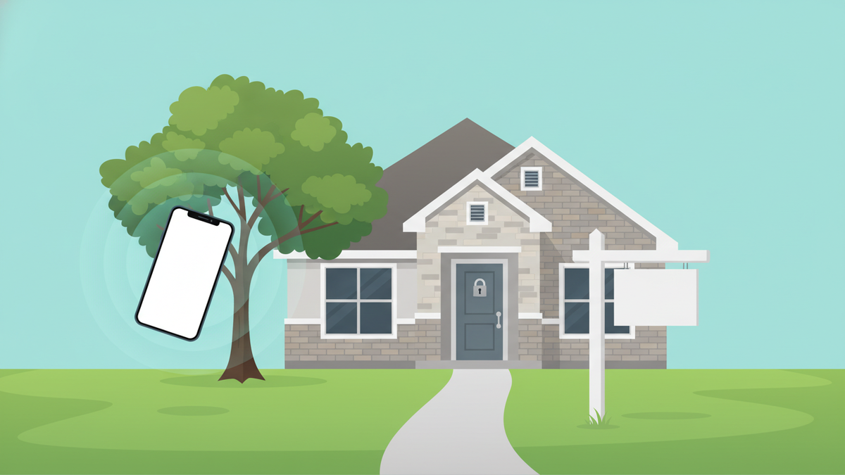 A residential home with a for-sale sign and a softly glowing phone