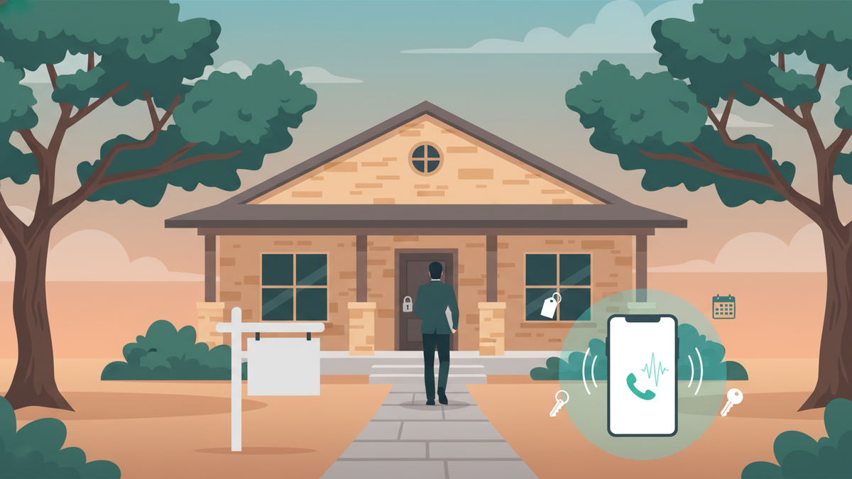 A Texas Hill Country home with a real estate yard sign, an agent walking to the door, and a phone glowing in the foreground
