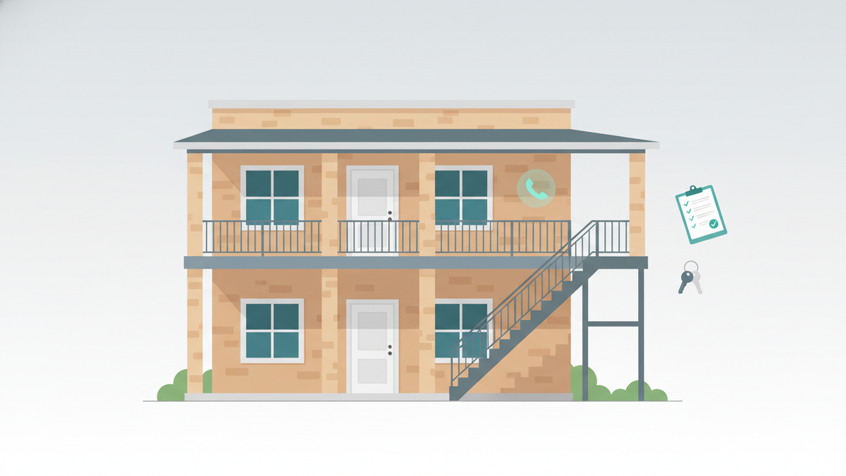 A small multifamily building with a softly glowing maintenance phone