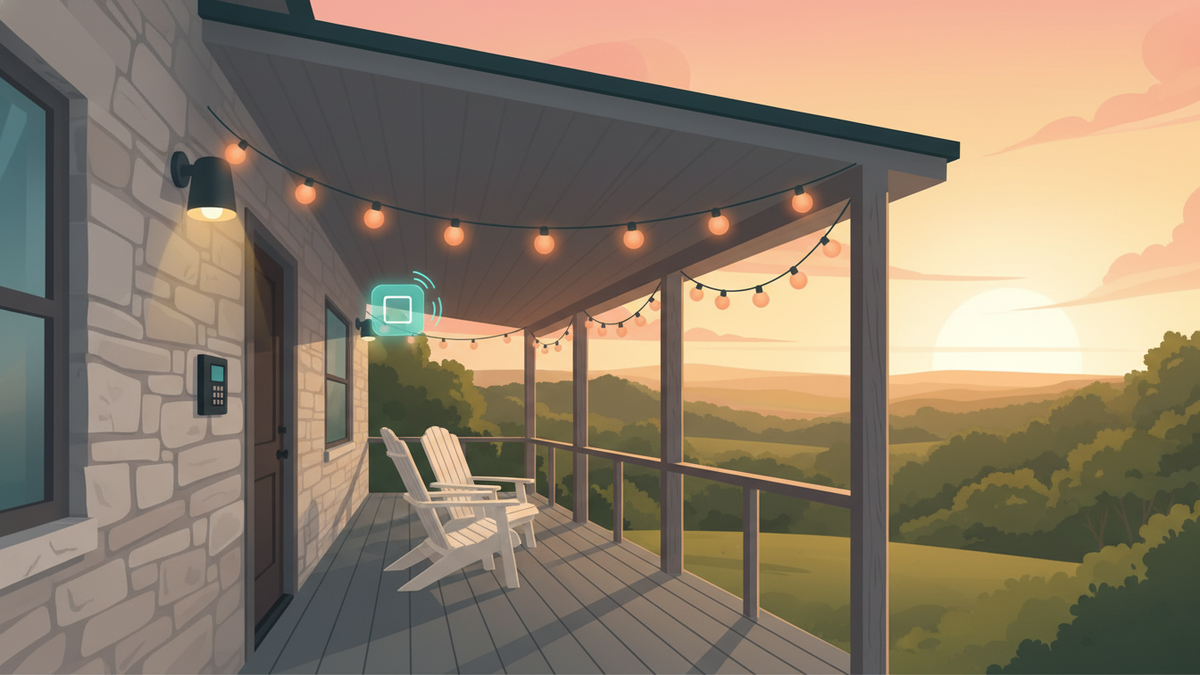 A Texas Hill Country vacation cabin at dusk with a warmly lit porch and a softly glowing phone