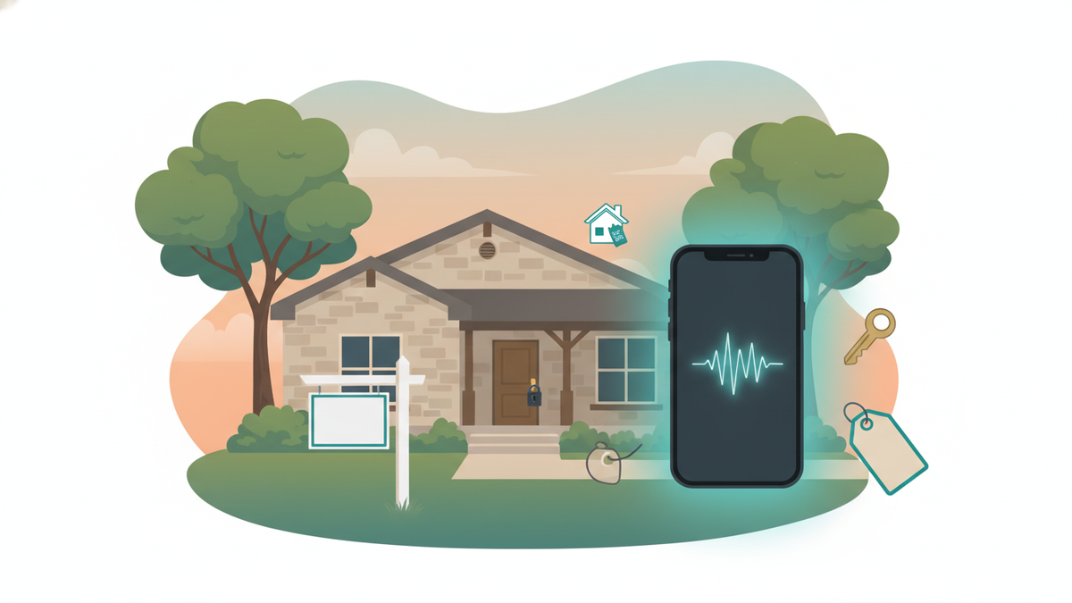 A Texas Hill Country home with a for-sale sign, a lockbox, and a phone glowing softly, Relay catches every call