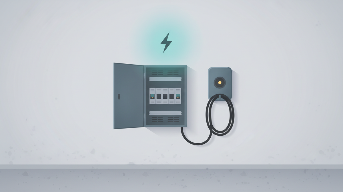 Open residential electrical panel next to a wall-mounted EV charger