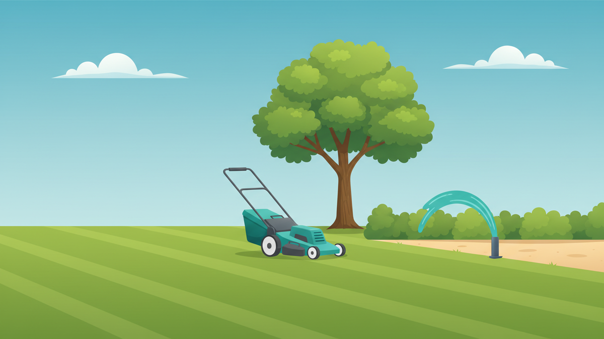 Walk-behind mower on a freshly cut lawn with a tree and sprinkler in the background