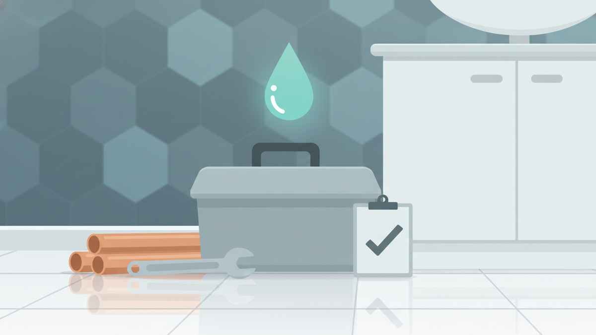 Plumber's toolbox with copper pipes and a glowing water-droplet icon