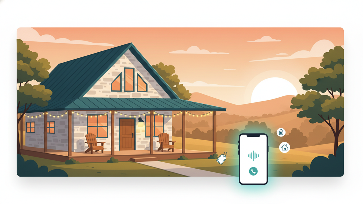A Texas Hill Country vacation cabin at golden hour with warm string lights, a small lockbox keypad on the door, and a phone glowing in the foreground