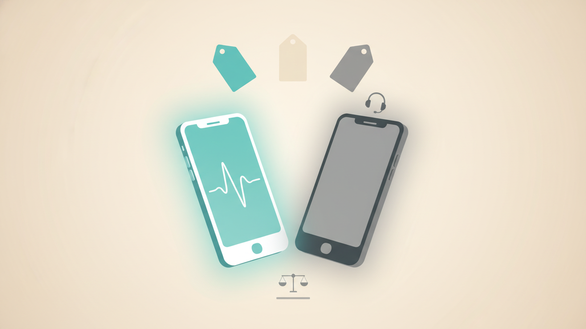 Two stylized smartphones side by side, the Relay phone glowing teal with a clean audio waveform, a balance scale tilting gently in its favor