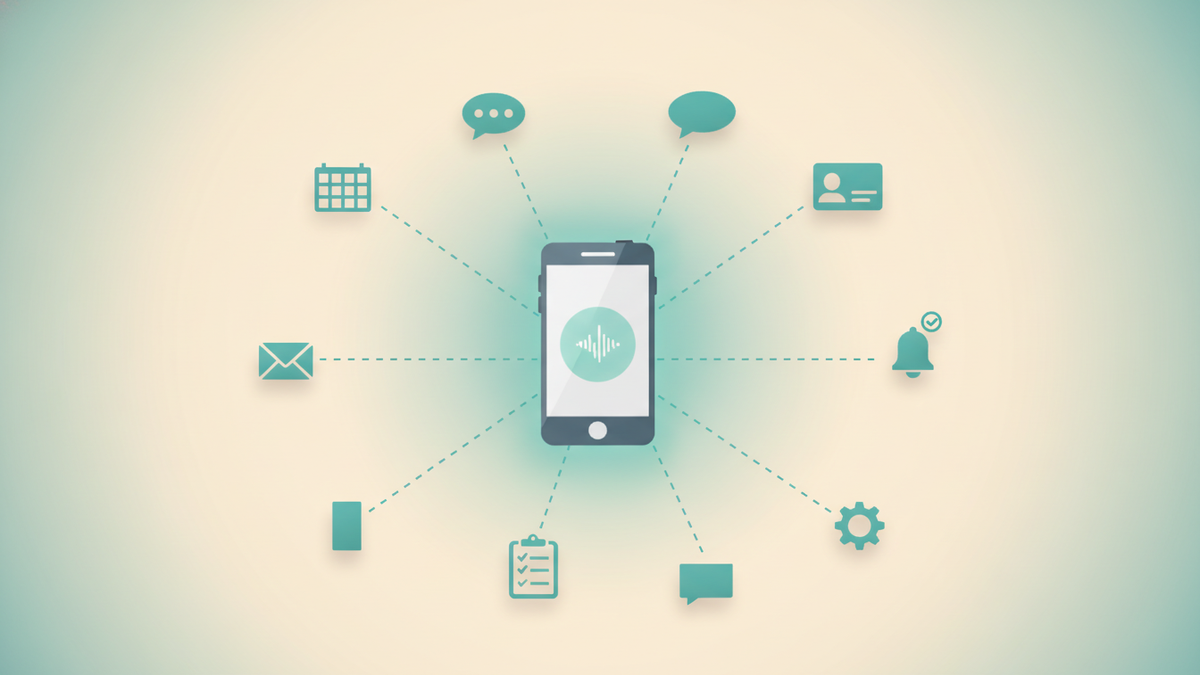 A teal-glowing smartphone branching into a constellation of abstract business app icons via dotted teal pathways